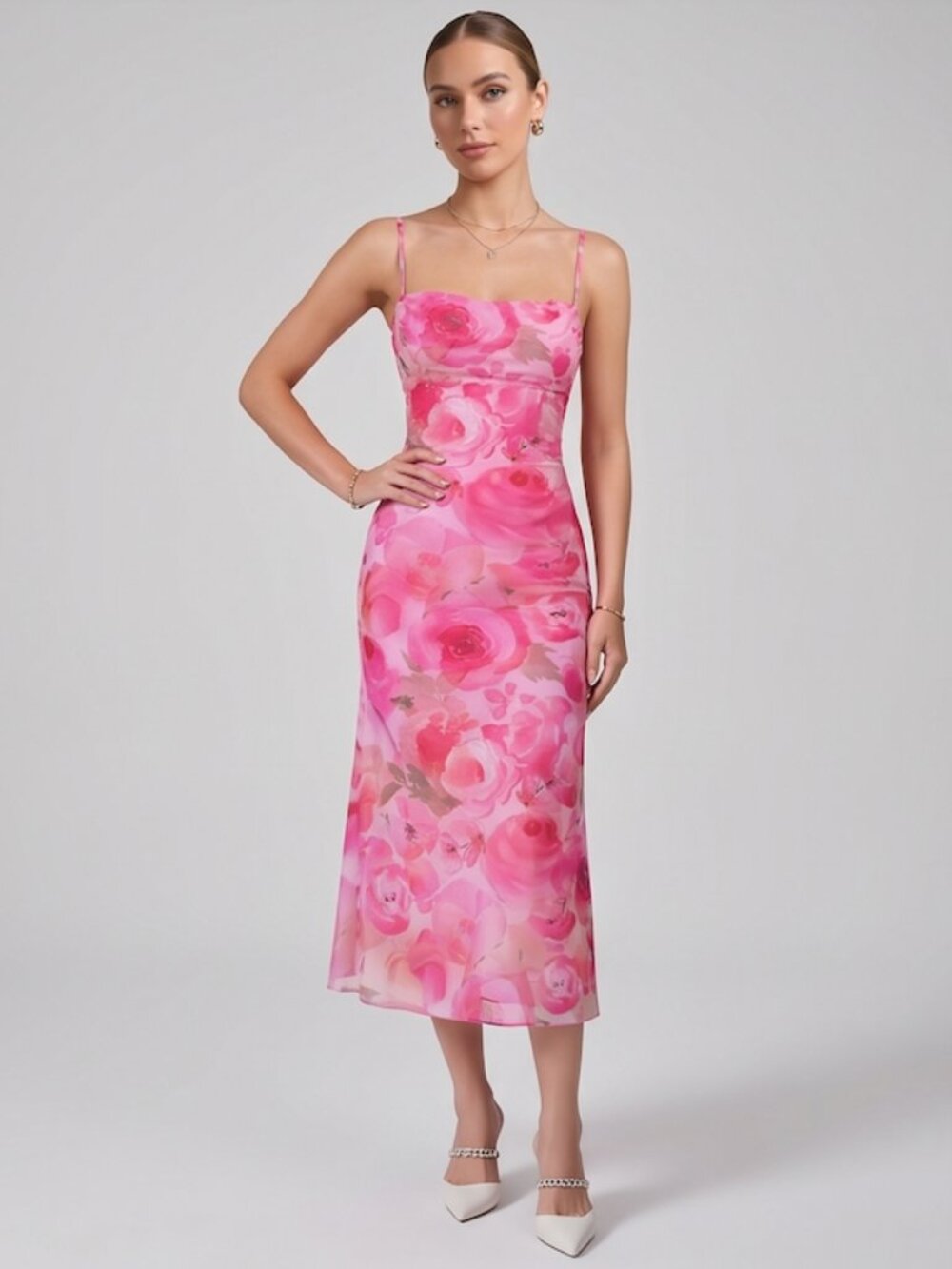 Pink Floral Print Cami Bodycon Dress
